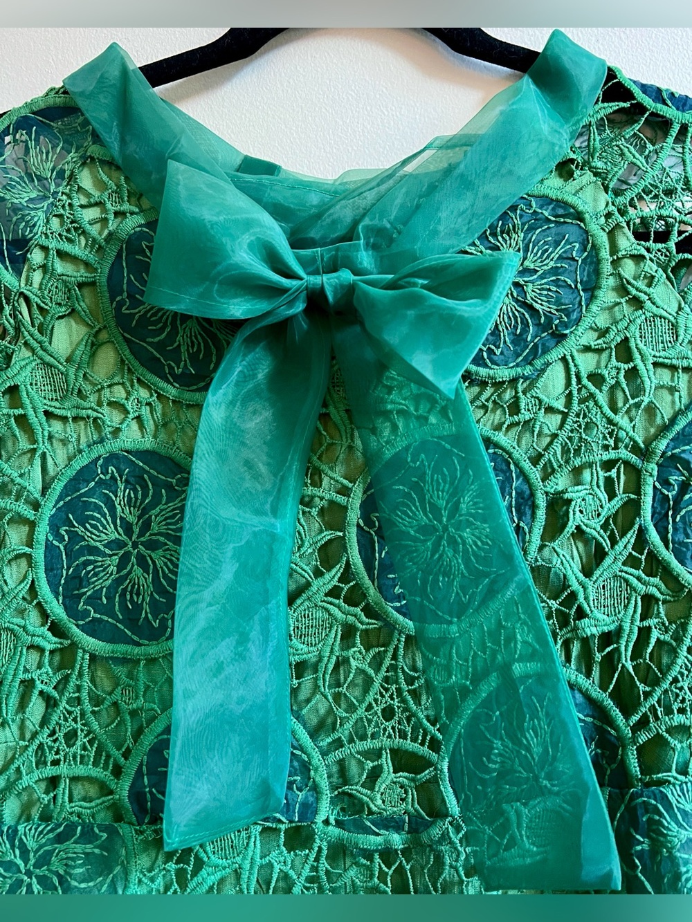 MISSLOOK Emerald Green Lace BoatNeck Long sleeve Top A Line Bow Swingy MED - Picture 3 of 15